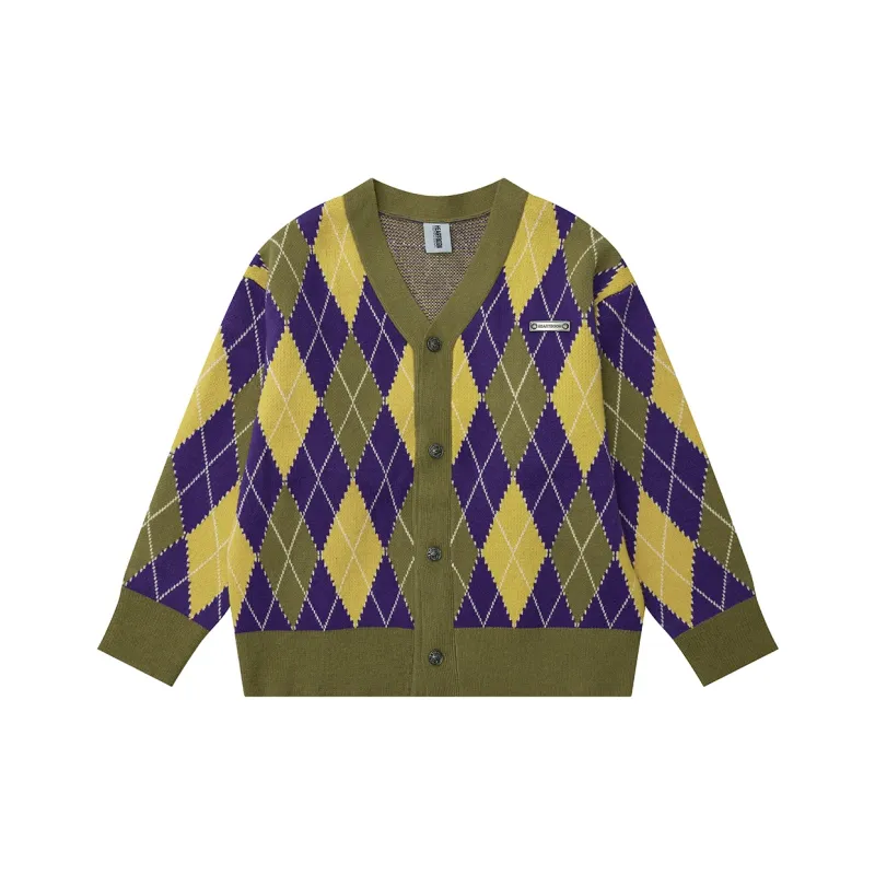 Heartboon Sweaters Unisex Yellow Purple Plaid-0