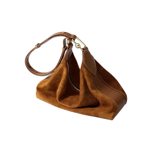 FION Anti velvet Cowhide Shoulder Bag Medium Size Women's Caramel Brown