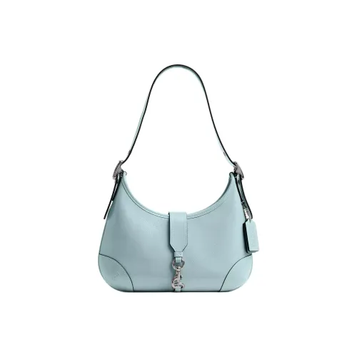 COACH Hamptons Pleated Patent Leather Hobo Bag, Handbag, Shoulder Bag Medium Size Women's Light Blue