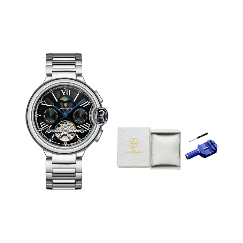 POEDAGAR Mechanical Movement Stainless Steel Watchband Men's Watches White Dial-8