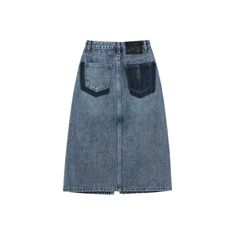 FAWENXIANGZI Denim Long Skirt Women's Vintage Blue-3