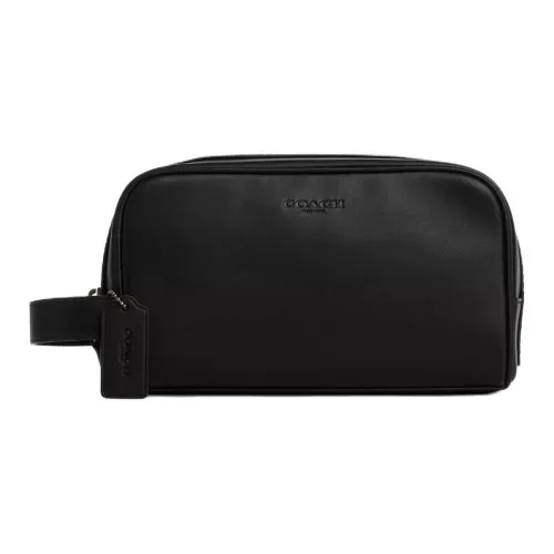 COACH Travel Kit Smooth Calf Leather Makeup Bag Small Size Unisex Black