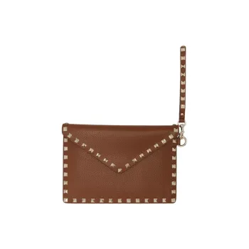 Valentino Rockstud Grained Calfskin Envelope Bag Clutches Women's Brown