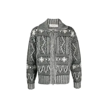 Golden Goose Pattern Intarsia-Knit Zi-Up Cardigan