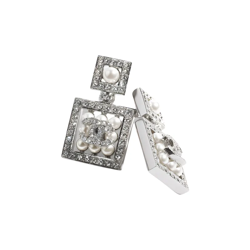 CHANEL Metal Artificial Pearl Rhinestone Earrings Women's Silver-1