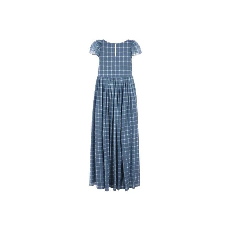 Selkie Collection Short Sleeved Dress Women's Navy Blue Plaid Tea Towel Print-1