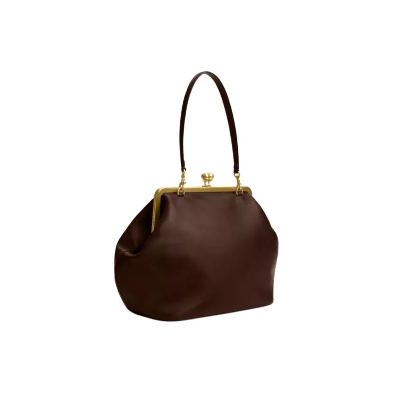 COACH Kisslock Leather Clutch Handbag Large Size Women's Dark Brown-1