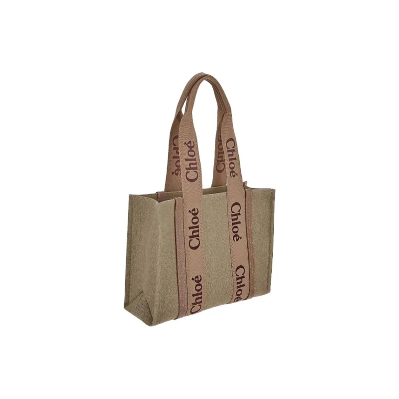 Chloe Woody Linen With Canvas Tote Bag, Shopping Bag, Shoulder Bag Medium Size Women's Dark Khaki-1