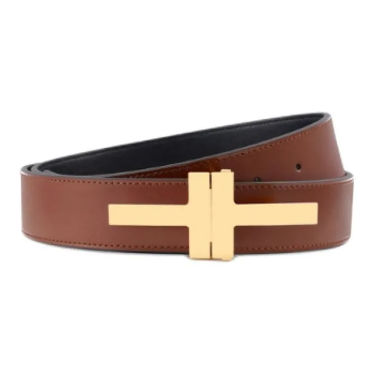 TF Calfskin Leather Belts Men's Brown Width 3CM-0