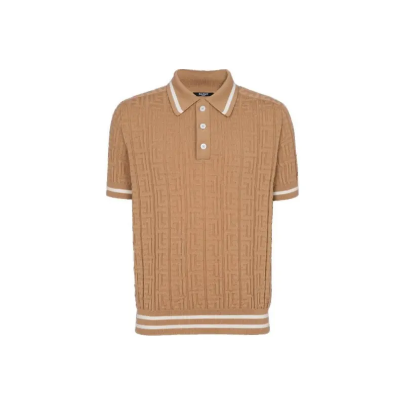 BALMAIN Monogram Jacquard Knitted Polo Shirt-0