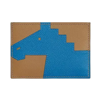 HERMES Cheval Picto Evercolor Leather Card Holder Women's Brown & Zanzibar Blue