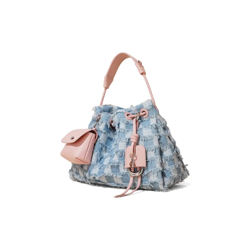CLEVER& KETCH Denim Shoulder Bag, Crossbody Bag, Handbag, Hobo Bag Women's Greek Blue/Denim & Pink/Denim & Brown-8