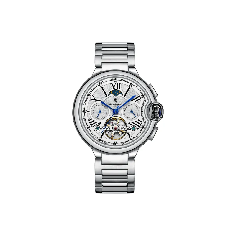 POEDAGAR Mechanical Movement Stainless Steel Watchband Men's Watches White Dial-0