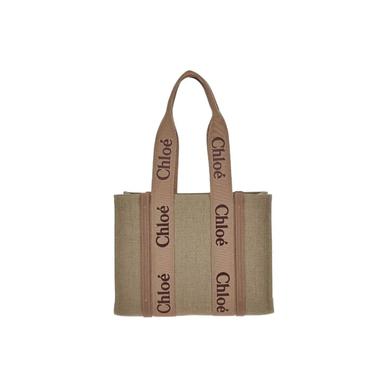 Chloe Woody Linen With Canvas Tote Bag, Shopping Bag, Shoulder Bag Medium Size Women's Dark Khaki-2