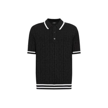 BALMAIN Monogram Jacquard Knitted Polo Shirt