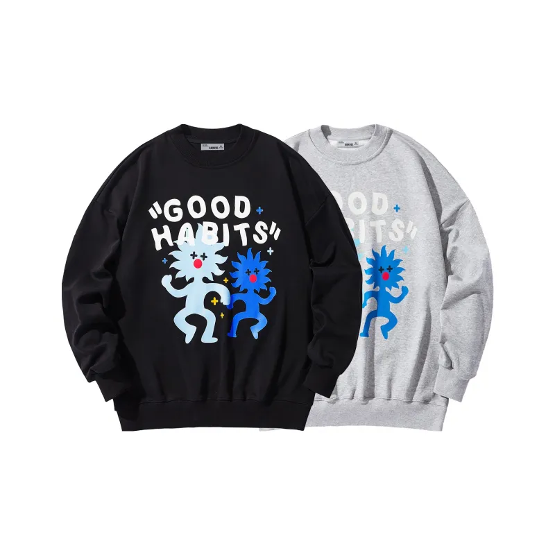 GUKUUL Fun Cartoon Letter Print Crew Neck Loose Fit Pullover Long Sleeved Sweatshirt Unisex-5