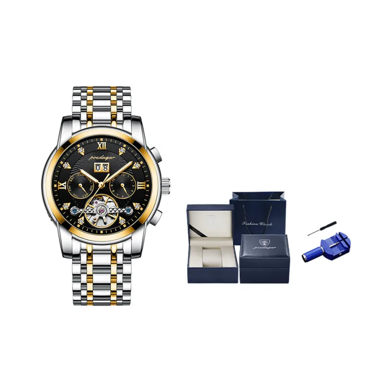 POEDAGAR Mechanical Movement Stainless Steel Watchband Men's Watches Black Dial-42