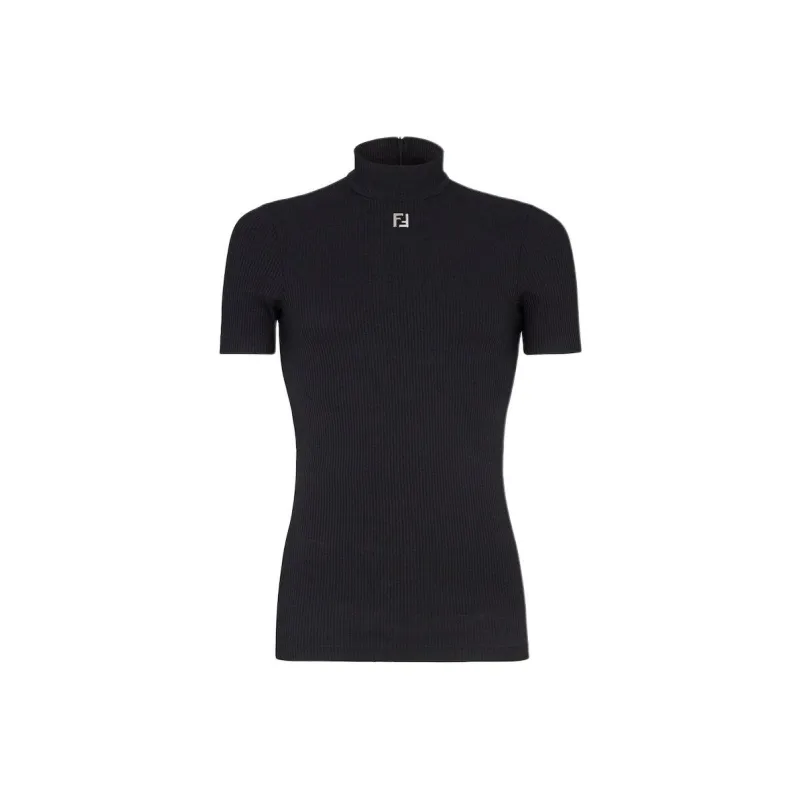 FENDI Mock Neck Short Sleeved Ribbed Top-0