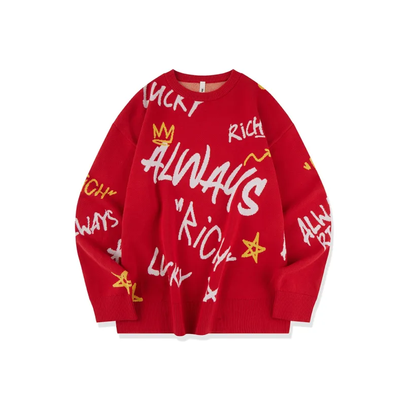 QIAODAN Get Rich Every Day Sweater Unisex Koi Fish Red Letter Jacquard-0
