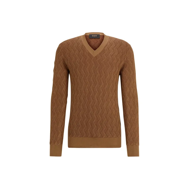 HUGO BOSS Aran-Knit Sweater In Two-Tone Silk Sweater Men's Brown-0