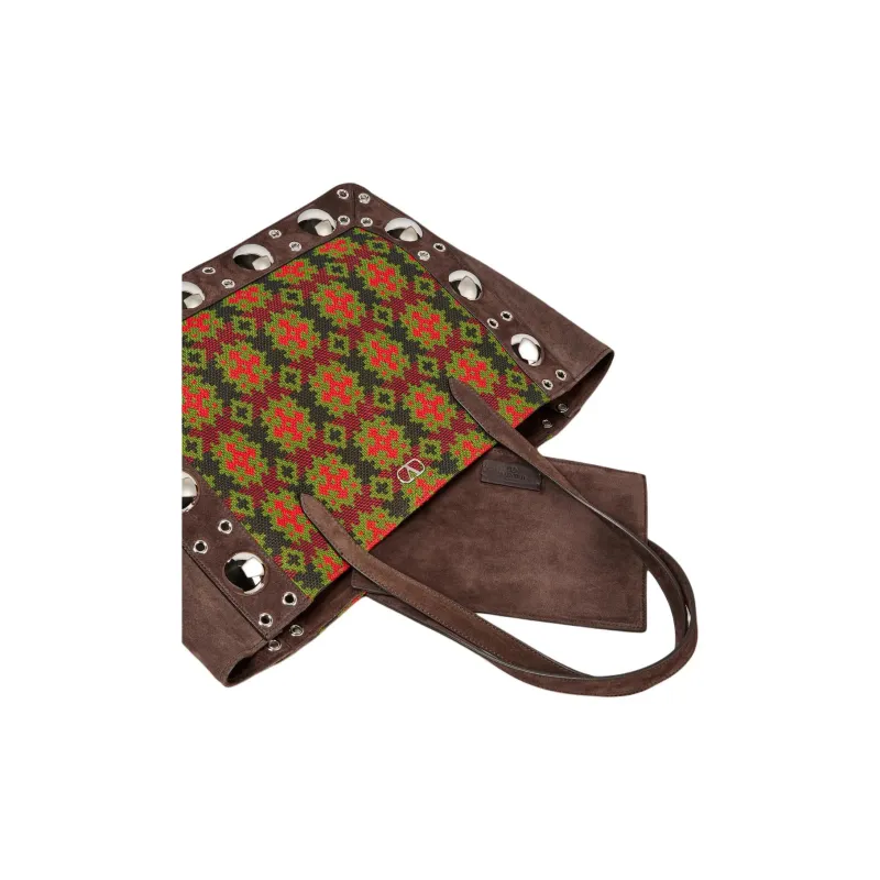 Valentino Suede Tote Bag, Shopping Bag, Shoulder Bag Large Size Women's Brown & Multicolor-2