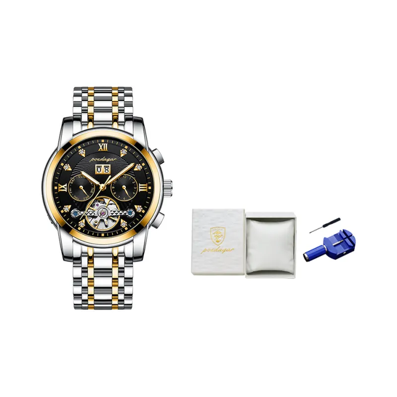 POEDAGAR Mechanical Movement Stainless Steel Watchband Men's Watches Black Dial-21