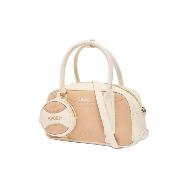 Three Blessings PU Boston Bag, Shoulder Bag, Handbag Medium Size Women's Khaki-1