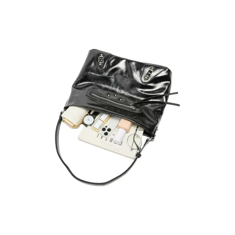 Three Blessings PU Tote Bag, Shopping Bag, Shoulder Bag Medium Size Women's Black-4