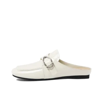 CAMEIDO Plastic Sole Leather Patchwork Slip Resistant Closed Toe Slippers Women's Ecru
