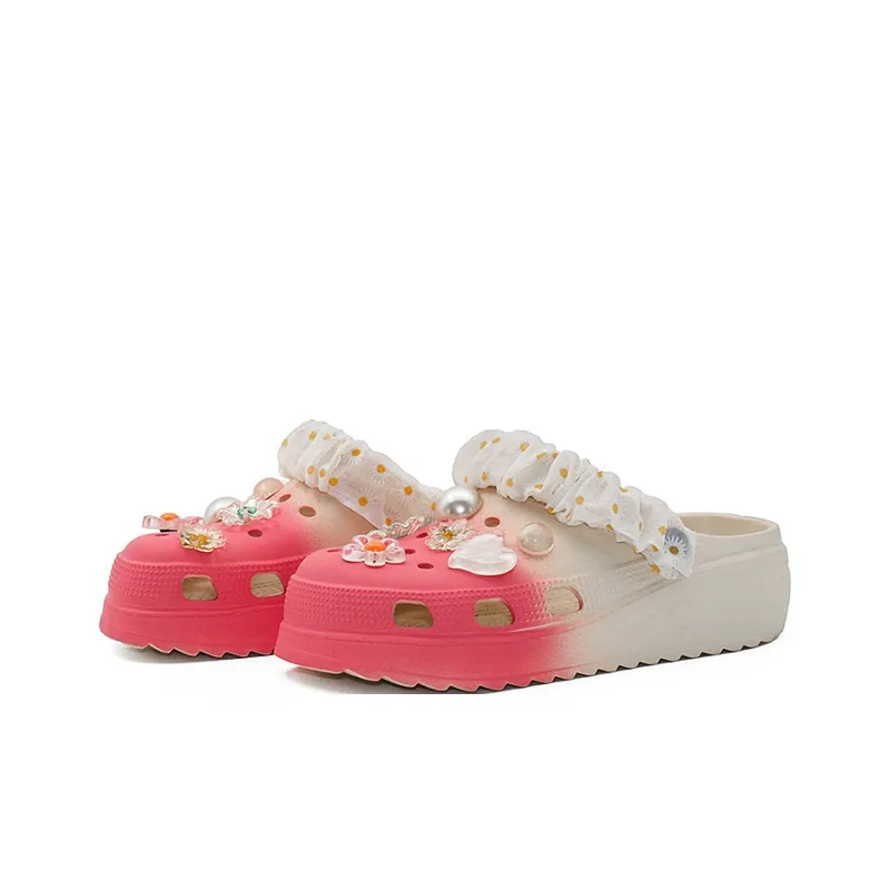 OUBT Pearl Crystal Floral, Laced Fabric Wrapped Clogs Women's Gradient Rose Red-1