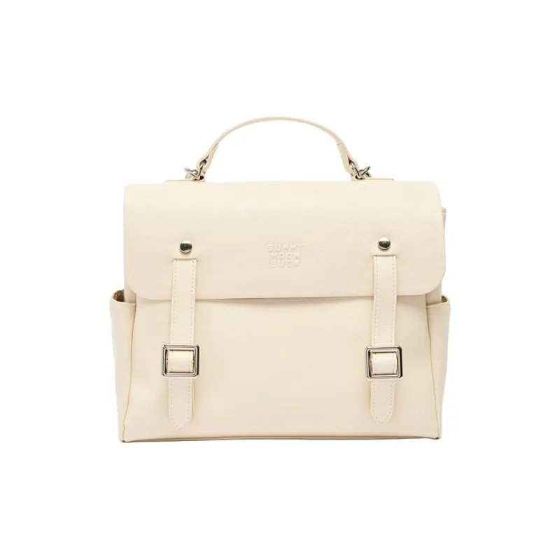 Three Blessings PU Satchel Bag Portable Backpack Medium Size Women's Khaki/Ivory White-3