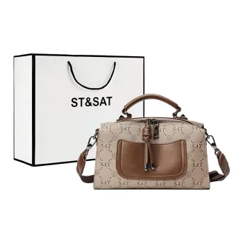 ST&SAT PVC Boston Bag, Shoulder Bag, Crossbody Bag, Handbag Large Size Women's Coffee
