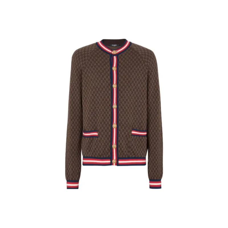 BALMAIN Monogram-intarsia Merino Wool Cardigan-0