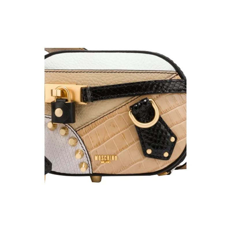 MOSCHINO Cow Leather Shoulder Bag Women's Black, Brown, White & Multicolor-3