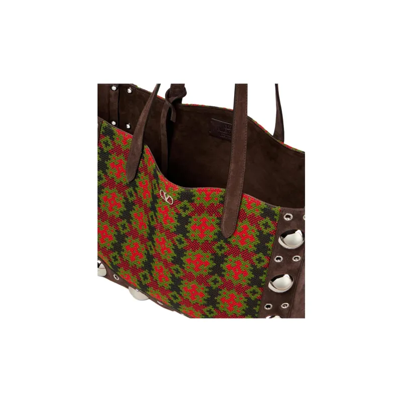 Valentino Suede Tote Bag, Shopping Bag, Shoulder Bag Large Size Women's Brown & Multicolor-3