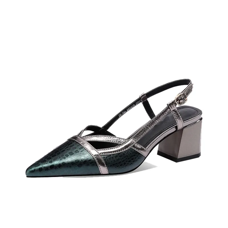 XICUNMINGWU Chunky Heel High Heels Women's Green+Gunmetal-0