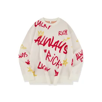 QIAODAN Get Rich Every Day Sweater Unisex Cream White Letter Jacquard