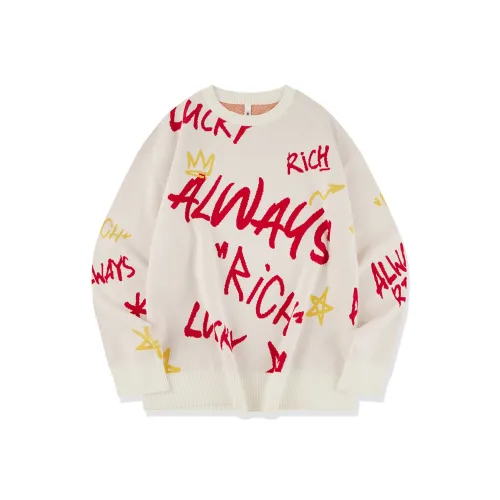 QIAODAN Get Rich Every Day Sweater Unisex Cream White Letter Jacquard
