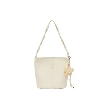 Three Blessings PU Bucket Bag, Shoulder Bag Medium Size Women's Ivory White