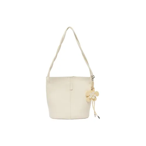 Three Blessings PU Bucket Bag, Shoulder Bag Medium Size Women's Ivory White