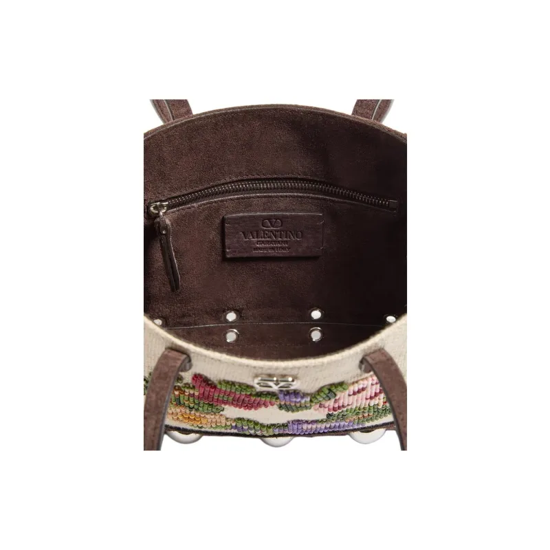 Valentino Linen Tote Bag, Shopping Bag, Shoulder Bag Mini Women's Deep Brown & Multicolor-4