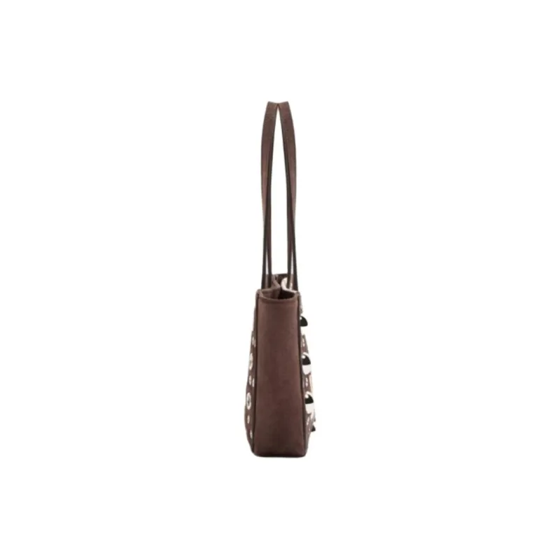Valentino Linen Tote Bag, Shopping Bag, Shoulder Bag Mini Women's Deep Brown & Multicolor-2