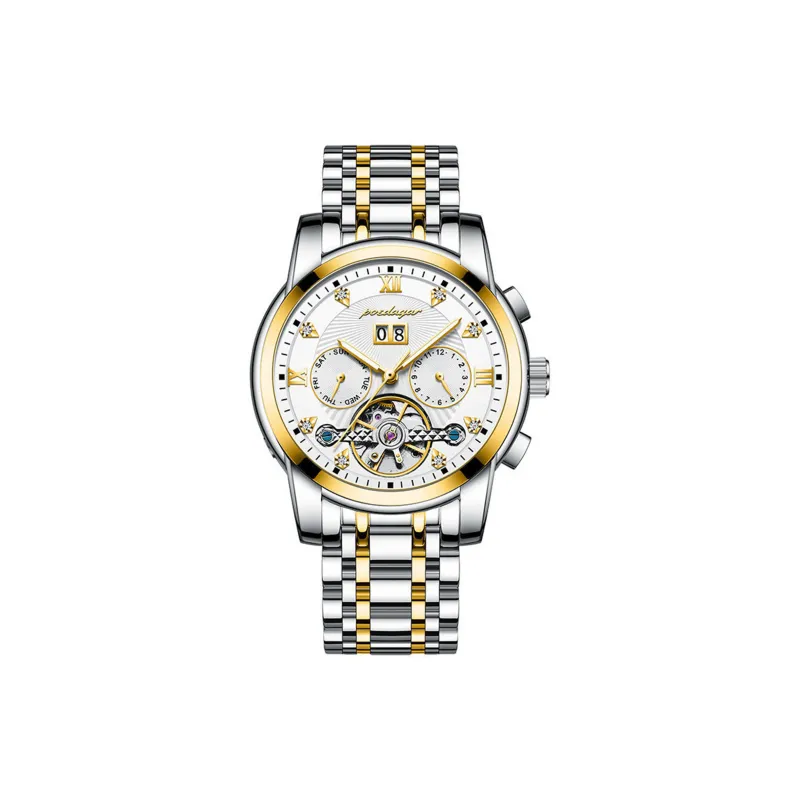 POEDAGAR Mechanical Movement Stainless Steel Watchband Men's Watches Black Dial-14