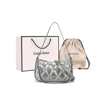 CinvaiKrose Cow Leather With Synthetic Leather Shoulder Bag, Underarm Bag, Baguette Bag Small Size Women's Silver