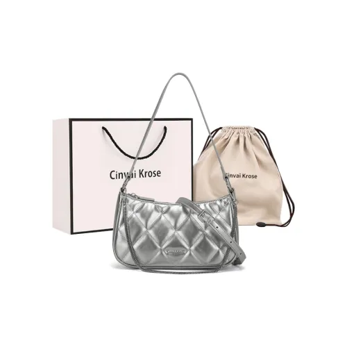 CinvaiKrose Cow Leather With Synthetic Leather Shoulder Bag, Underarm Bag, Baguette Bag Small Size Women's Silver