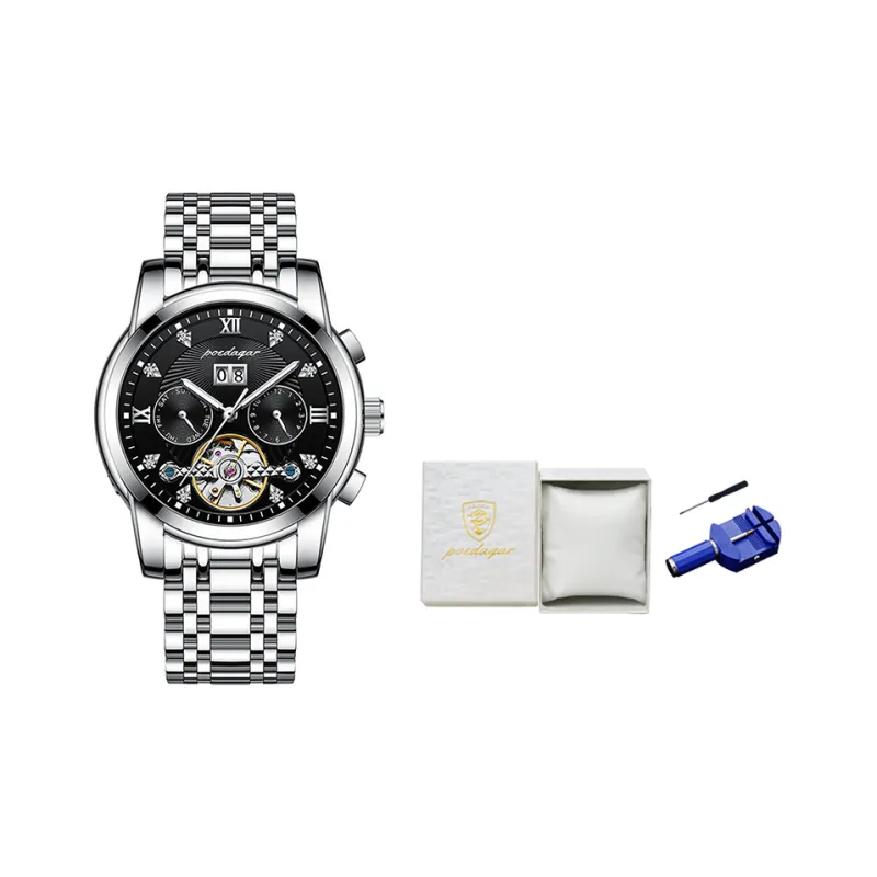 POEDAGAR Mechanical Movement Stainless Steel Watchband Men's Watches Black Dial-1