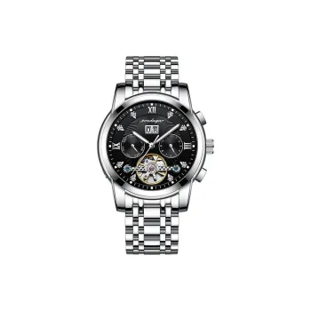 POEDAGAR Mechanical Movement Stainless Steel Watchband Men's Watches Black Dial