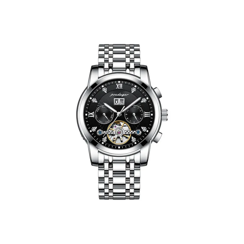 POEDAGAR Mechanical Movement Stainless Steel Watchband Men's Watches Black Dial-0
