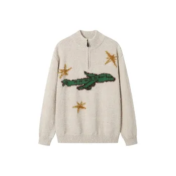 WULISHAONIAN Top With Muscle Texture Zip Closure Half Turtleneck Knitted Fabric Sweater Unisex Beige Green
