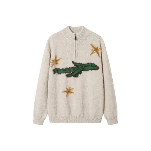 WULISHAONIAN Top With Muscle Texture Zip Closure Half Turtleneck Knitted Fabric Sweater Unisex Beige Green